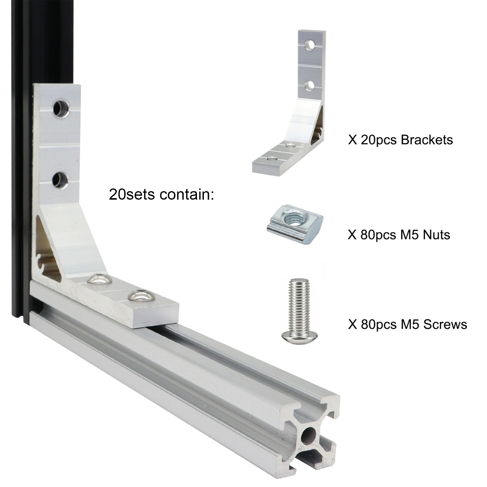 20 Sets 2020 Aluminum Extrusion Profile Corner Bracket 20 Series Right Angle L Connector wtih Nut for 20 x 78mm Rail Extruded