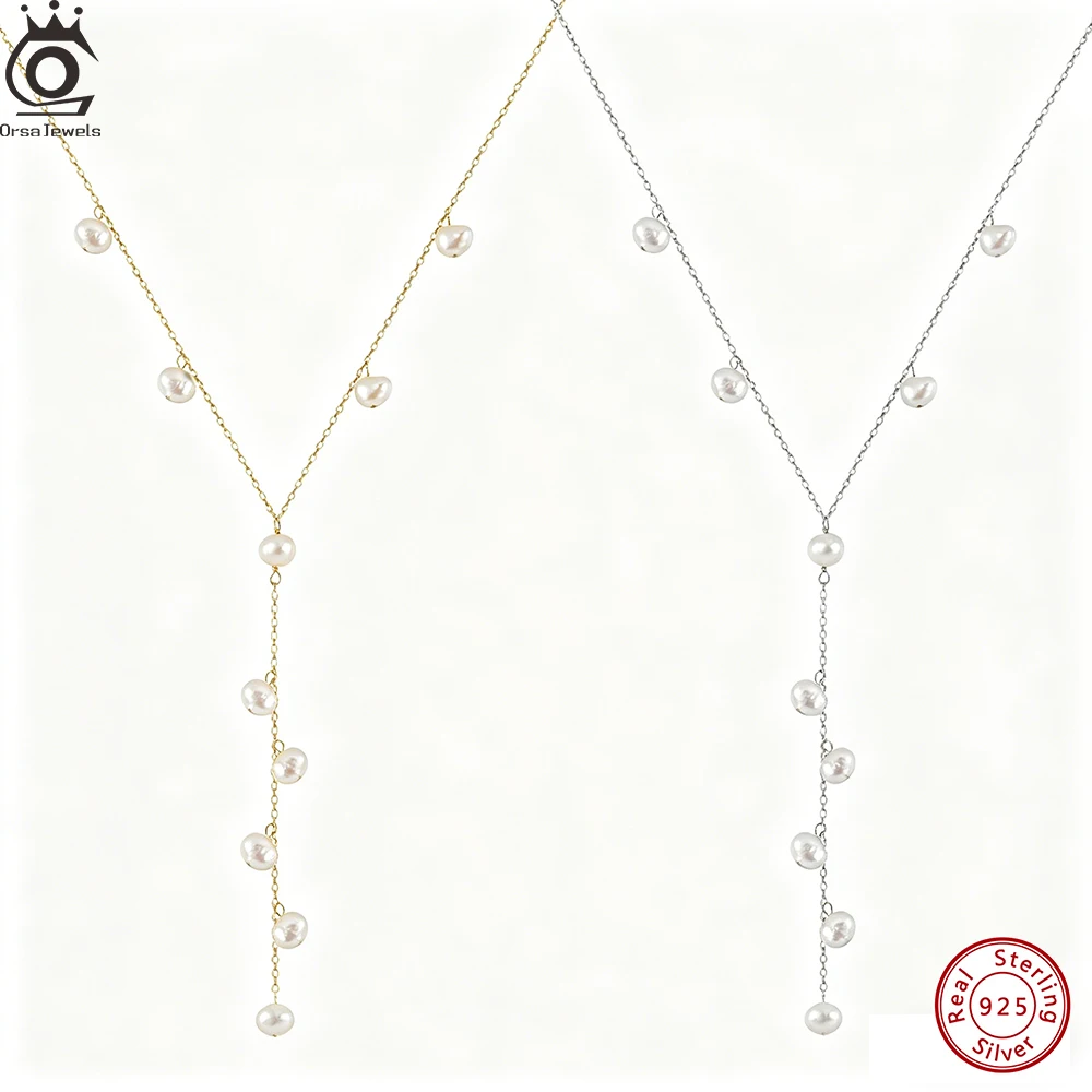 

ORSA JEWELS Elegant 925 Sterling Silver Y-shaped Chain Necklace with Tassel Pearl for Women Summer Sexy Jewelry Accessorry BQN29