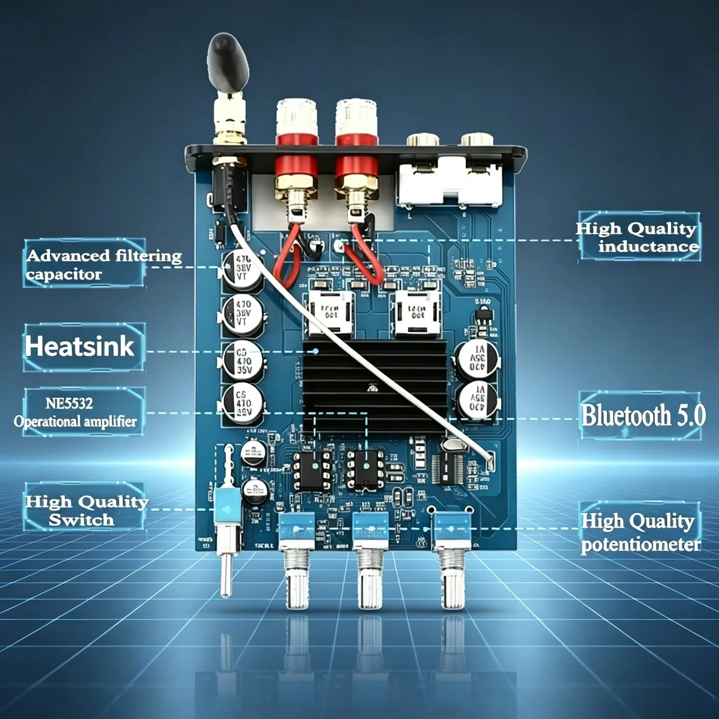 YJCO D100B Dual-Core-Leistungsverstärker TPA3116 Hochleistungs-100W 2.0 Hifi Digital Bluetooth 5.0 mit Höhen- und Bassregelung für Heim-Audio – Detail 5