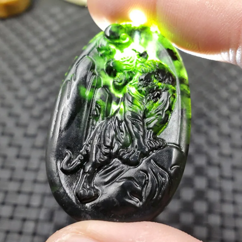 Jade Pendant Xinjiang Hetian Dark Jade Chinese Zodiac Tiger Skeleton Dark Green Serpentine Jade Tiger Climbing the Mountain Pend