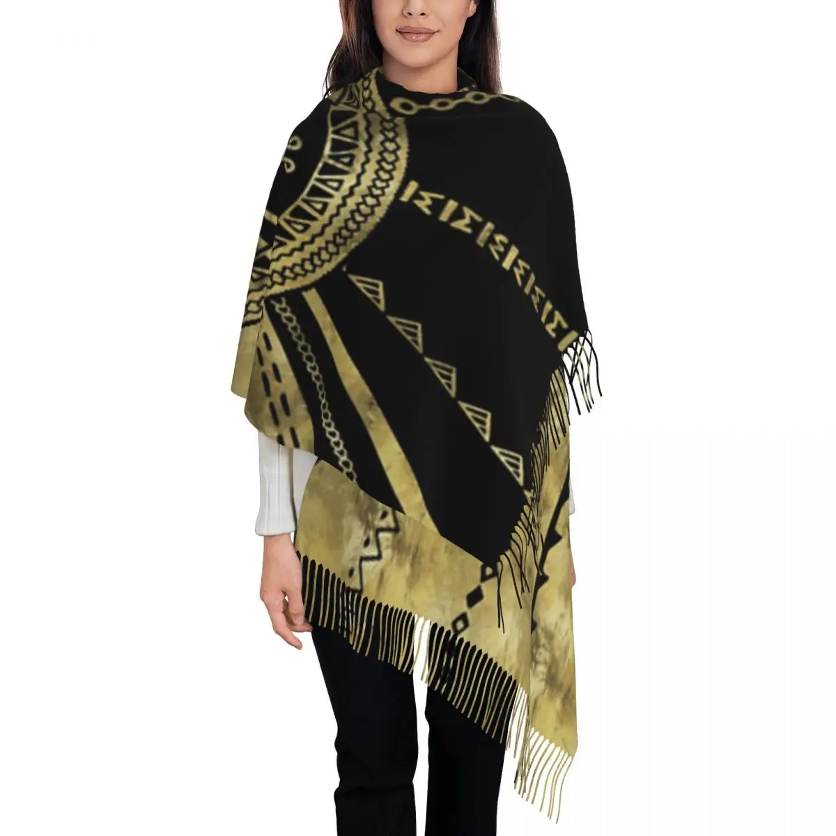 Ханба Ку Майя Символ Черно-Золотой 72x197см Шаль Шарф с кисточками