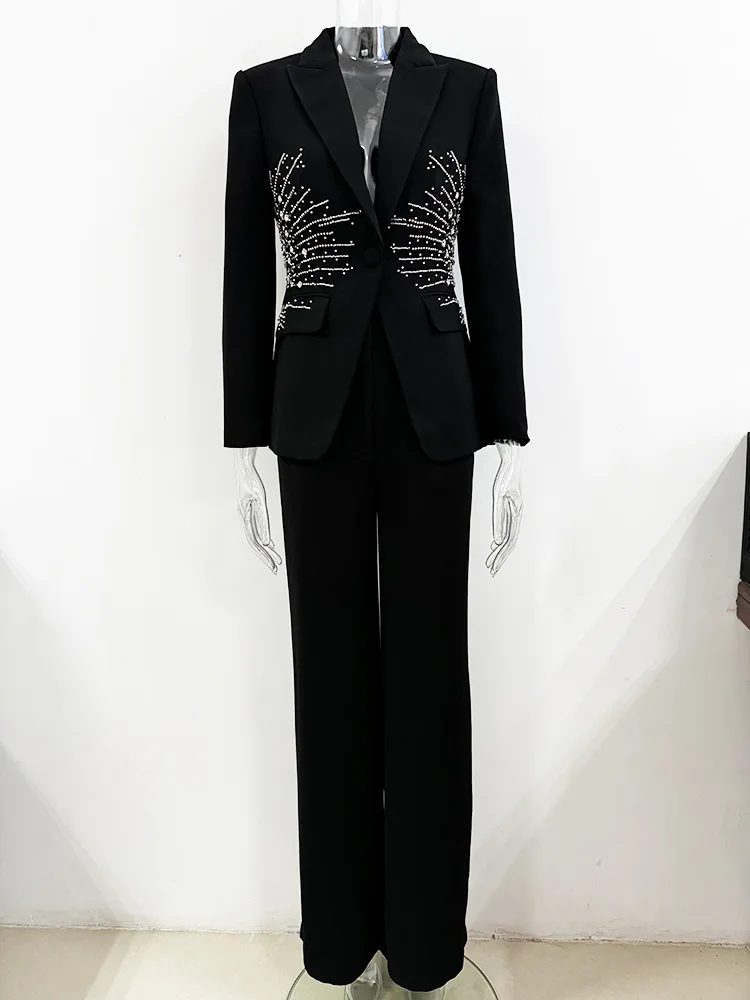 2026 Women\'s Coat Personality Metal Hole Rope Slim Slit One Button Suit pants set