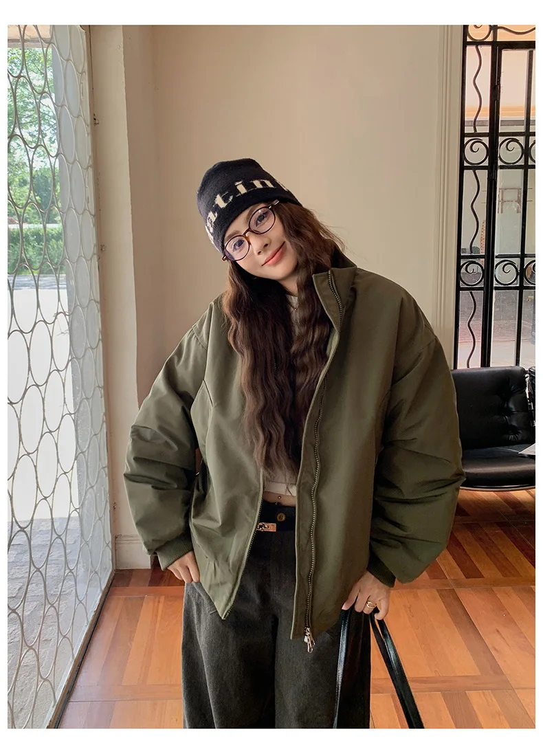 Women Quilted Baseball Parkas Jacket Solid Fleece Coat Stand Collar Full Sleeve Zipper Straight Office Lady Casual 2025 Winter