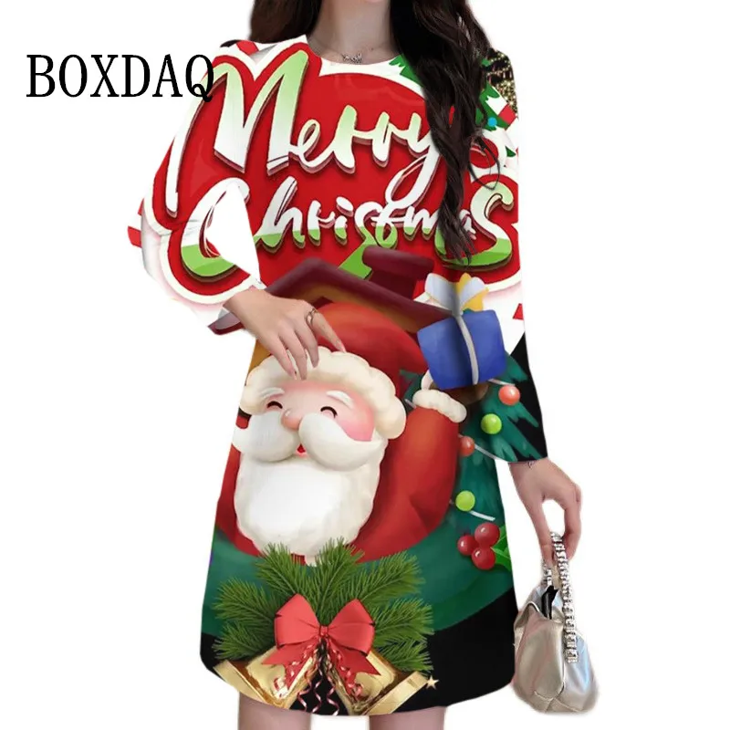 Women Long Sleeves Dress 3D Santa Claus Print Elegant Dress Fashion Cute Woman Clothing Winter Oversized Christmas Party Dresses