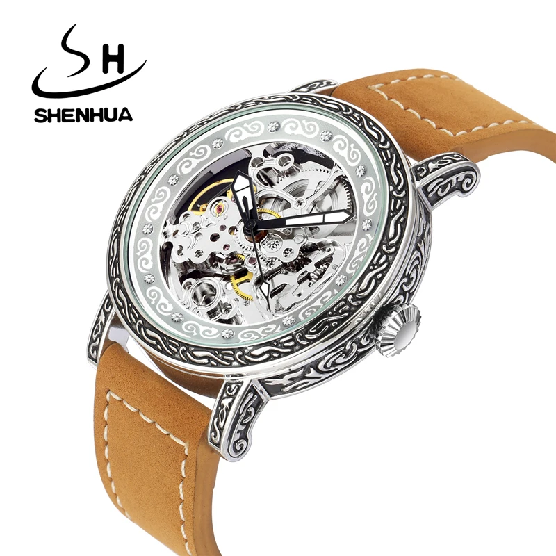 

SHENHUA Luxury Genuine Leather Strap Men Watch New Hollow-out Automatic Mechanical Watch Luminous Pointer Waterproof Watches