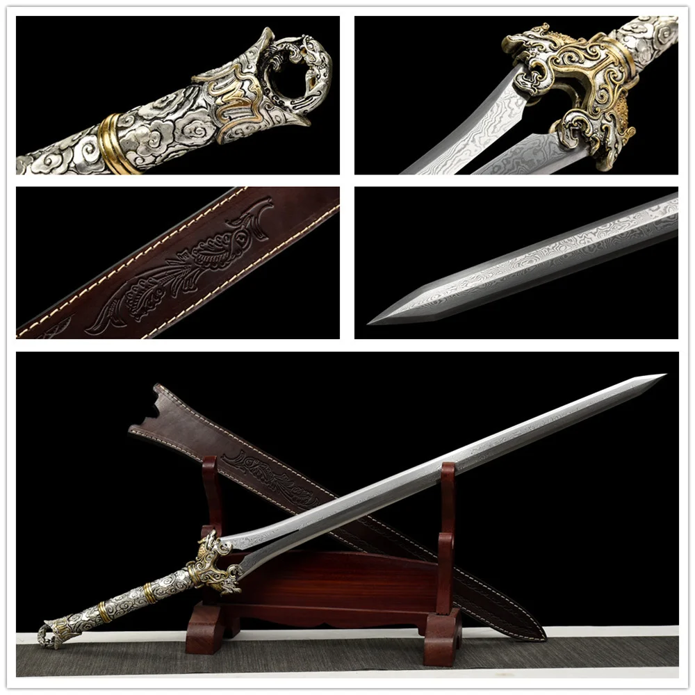 

High Quality Modern Sword Damascus Steel Blade Full Tang Copper Fittings Parts Brass Tsuka Handle Hilt Real Leather Sheath Saya