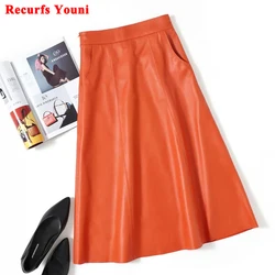 Women A-line Long Leather Skirt 2023 Spring Femme New Sheep Skin Big Hem Pocket Maxi Jupe Mujer Organge Umbrella Faldas Largas