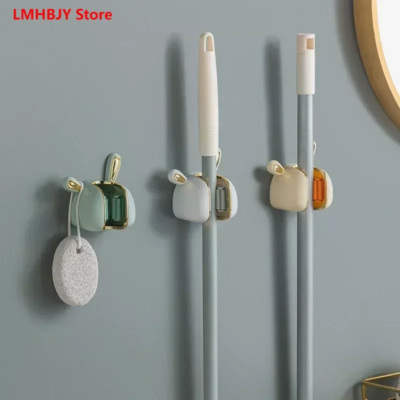 Light Luxury Mop Rack, Bathroom, No Punching, Wall Mounted Broom Storage Rack, Adhesive, Strong Hook, and Buckle Fastening