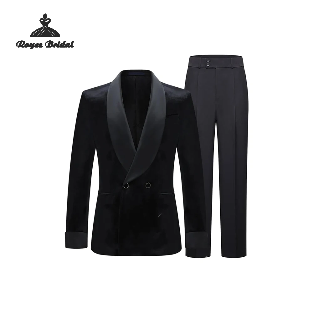 Black Velvet Two Piece Double Breasted Men's Suit Wedding 2026 Notched Lapel Evening Prom Suit Customized trajes para hombre