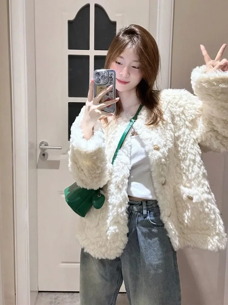 

Шерсть ягненка и женщина без пуговиц, винтажные детали на пуговицах, бойфренд, колледж, шерпа, бейсбол, стиль груза, карман, украшенный GF