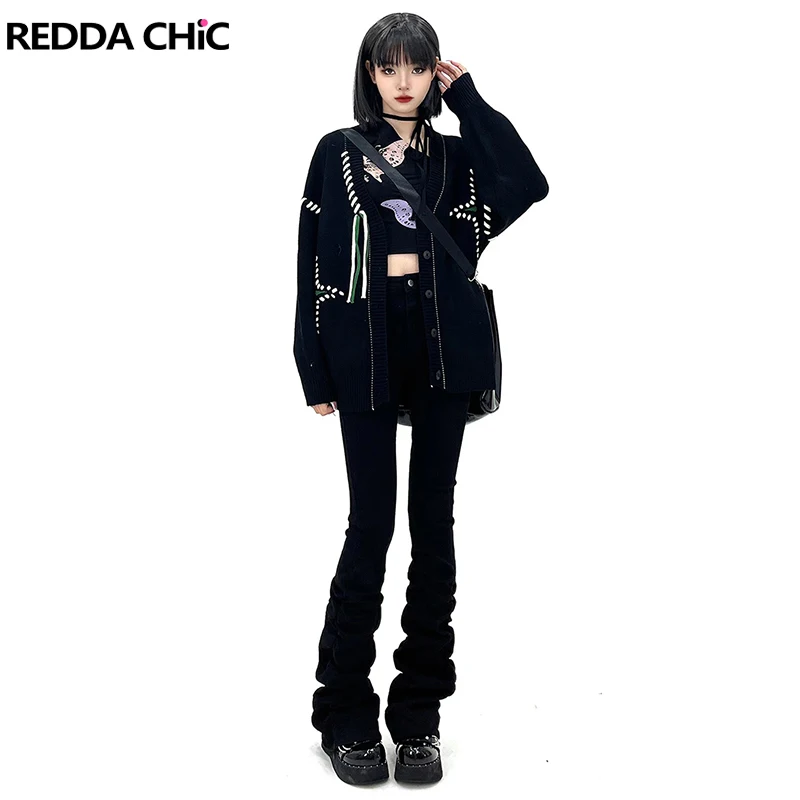 

REDDACHiC Harajuku однотонные черные джинсы в комплекте брюки гранж Y2k уличная одежда расклешенные брюки с рюшами по подолу женские брюки Acubi Fashion