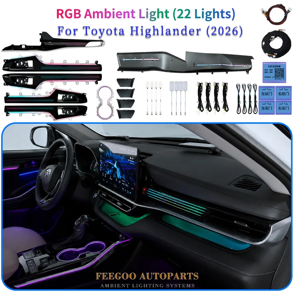 64 Colors RGB Car Interior Ambient Light Kit for Toyota Highlander 2026 22 Lights Starry & Line Edition Dynamic Atmosphere Lamp