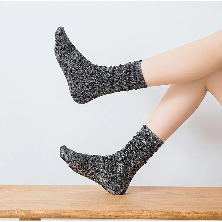 Fashion Shiny Glitter Striped Women Socks Trendy Rocks Roll Sparkled Bright Color Cute Kawaii Winter Warm Funny Socks Streetwear