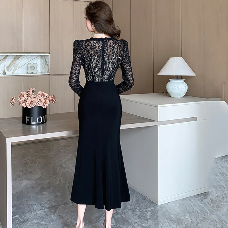 Elegant ฤดูใบไม้ร่วงภาษาฝรั่งเศสคําเลื่อมลูกไม้ Spliced Hollow Out Prom Party ชุดยาวผู้หญิง V คอยาวแขนยาว Mermaid Robe ชุด