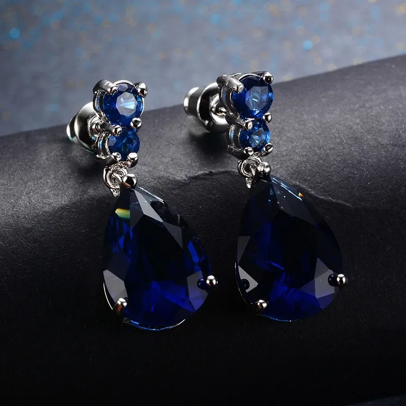 Women Anti-Allergy Big Earring Blue Round Shape Crystal Stone Cube Zirconia Wedding Jewelry Earring For Women