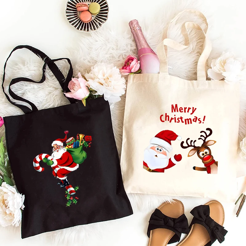 Santa Claus Print Handbag Women Casual Canvas Portable Shoulder Bag Teen Christmas Squad Shopping Reusable Storage Tote Bag