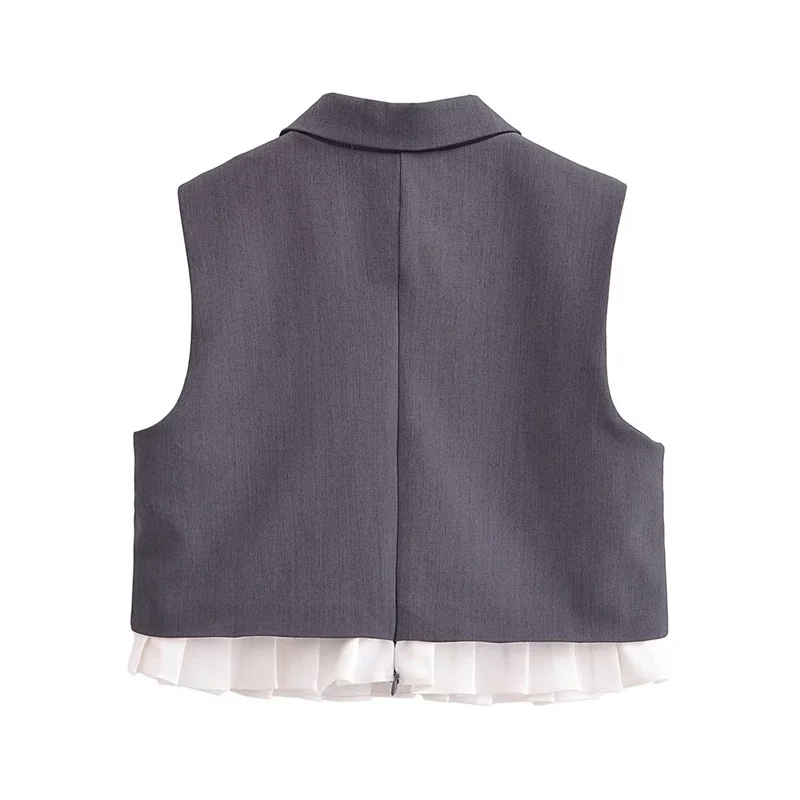 KEYANKETIAN 2024 New Launch Press Pleat Patchwork Decoration Women's Dark Grey Waistcoat Vest Preppy Style Polo collar Crop Top