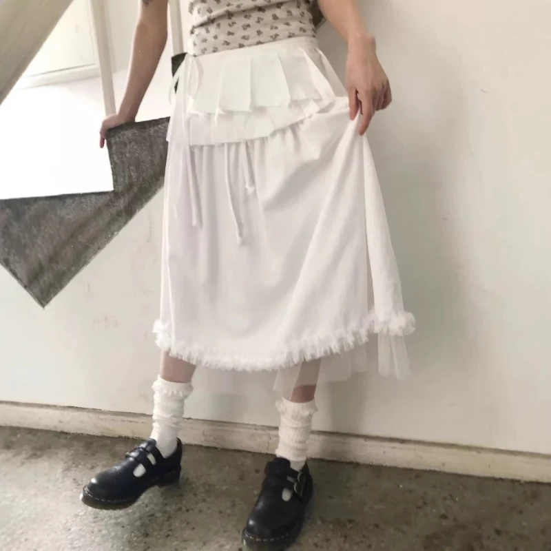 2026 Summer New Solid Color Lace Mesh Skirt with Splicing Nylon Blended Half Body Skirt for Women