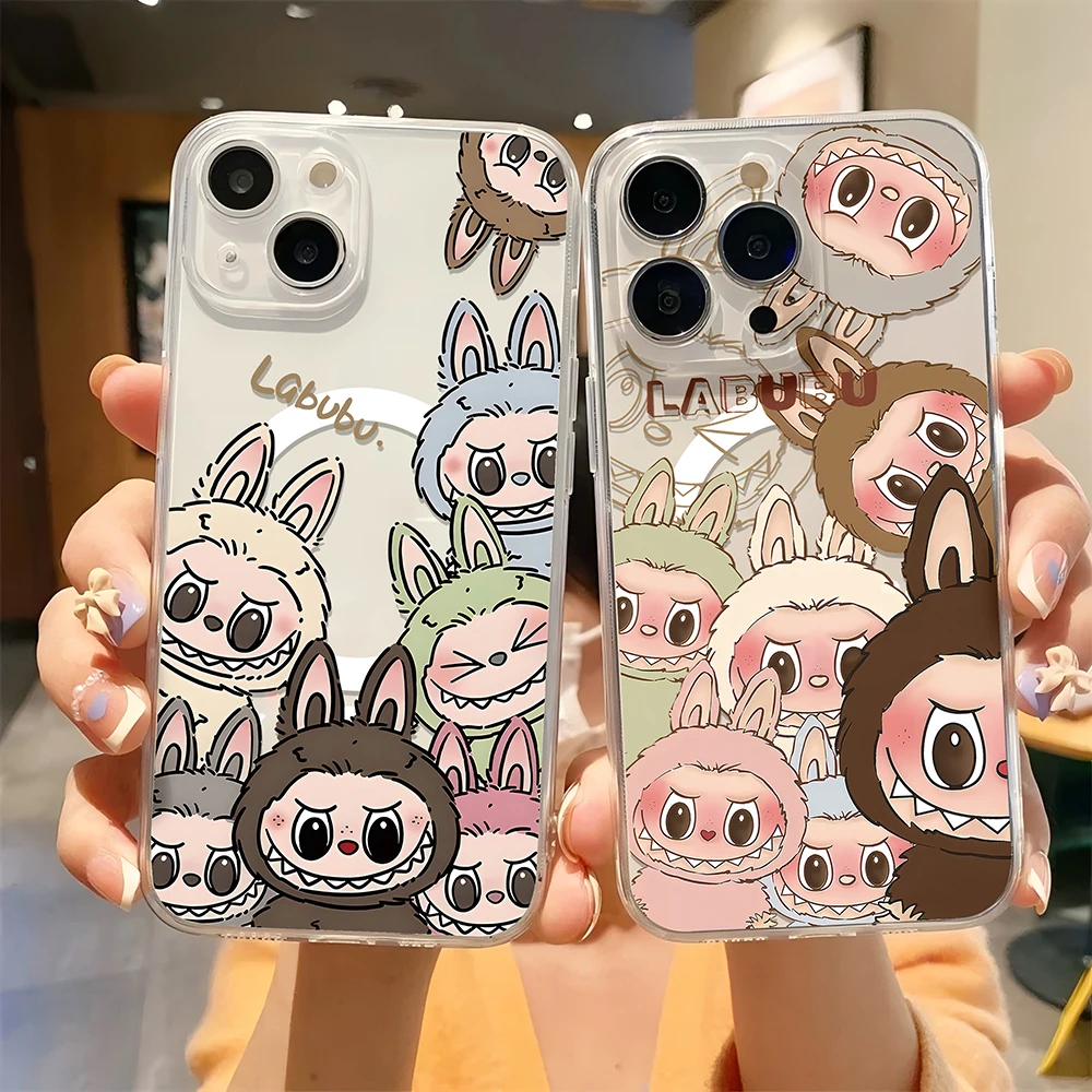 New Cute Cartoon Labubu Magsafe Magnetic Phone Case for iPhone 16 15 14 13 12 11 8 7 Plus Pro Max X XR XSMax Soft Clear Cover