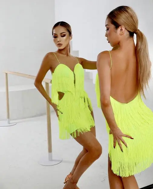 neon yellow black pink fringe latin dress sexy latin competition latin dressTango Salsa Cha Cha Samba Rumba dress