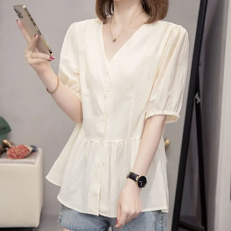 

Large Sized Women's Clothing Spring Summer Solid Color Splicing Folds Short Sleeves Shirt for Women Casual Loose Temperament Top