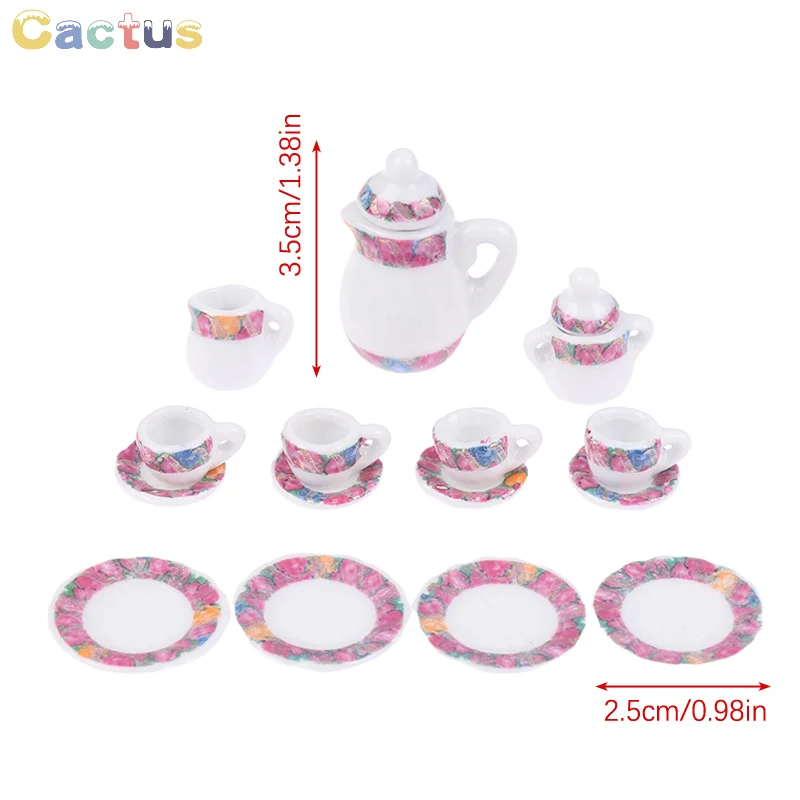 15Pcs/set 1:12 Dollhouse Miniature Ceramic Tea Set Cup Kettle Tray Flower Tableware Kitchen Decor Toy Doll House Accessories