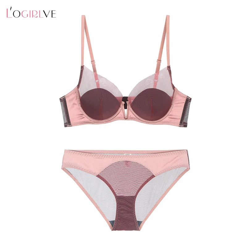 Logirlve Sexy Mesh Glossy Bra Gathered Thin Cup Bra Soft Steel Ring Thin Underwear Set Deep V Bras B C Cup Women Lingerie set