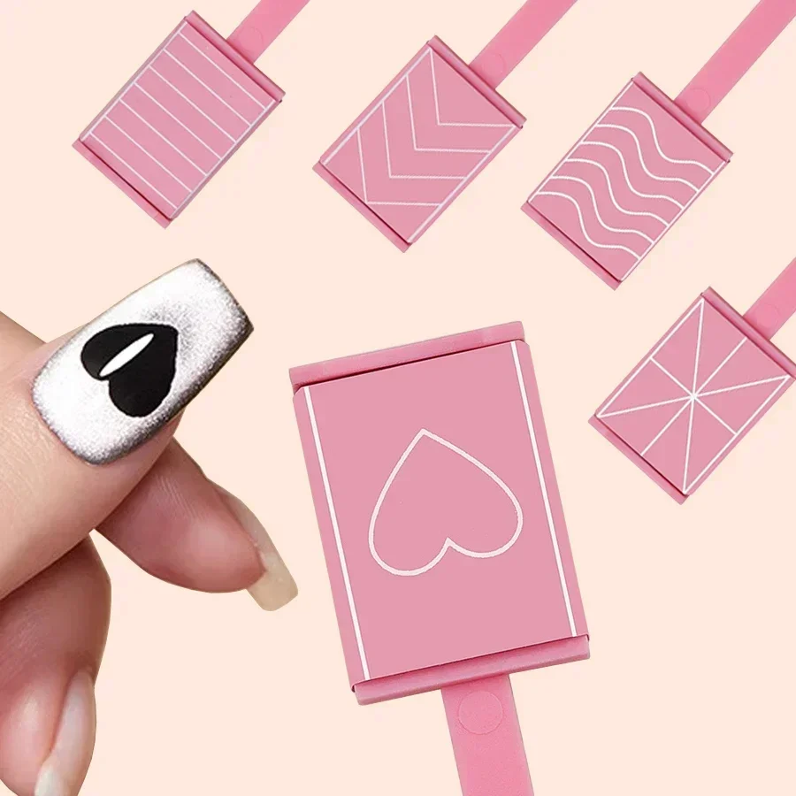 Conjunto de 5 Bastões Magnéticos Olho de Gato Rosa com Padrão de Coração e Onda 3D para Arte de Unhas em Gel e Design Criativo de Unhas