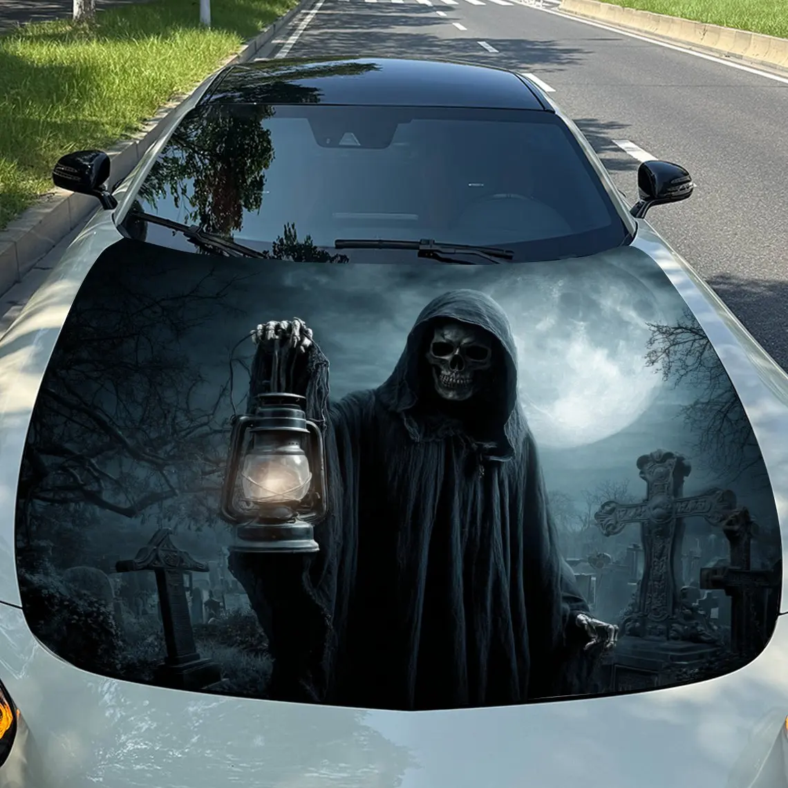 

Cemetery Death Reaper Car Hood Vinyl Wraps, PVC Waterproof Car Bonnet Decals, Self-Adhesive Scratch-Resistant Stickers For Engin