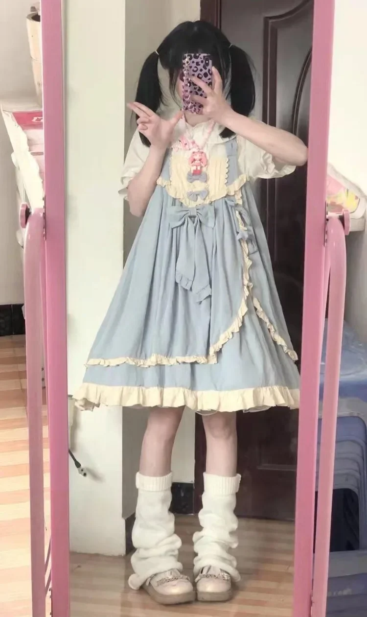 Harajuku Sweet Lolita Dress for Women Y2k E-Girl Mid-length Loose Vest Dresses 2024 Summer New Fungus Blue Vestidos Mujer