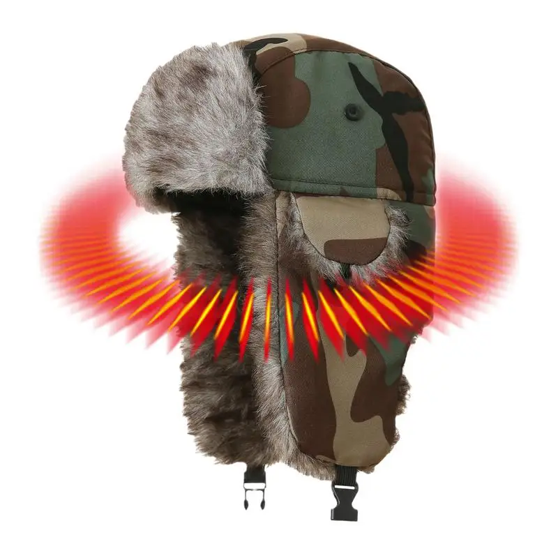 Ushanka Hat For Women Windproof Camo Trapper Hats Thermal Ski Hats Elastic Pilot Warm Hat Breathable Ear Protection Winter Hat