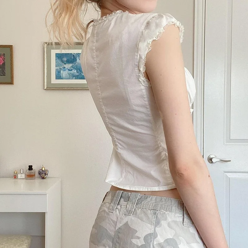 

French Waist Tied Shirt With Summer Court Style Lace Buckle Splicing Micro Pleated Solid Color Sexy Top For Women