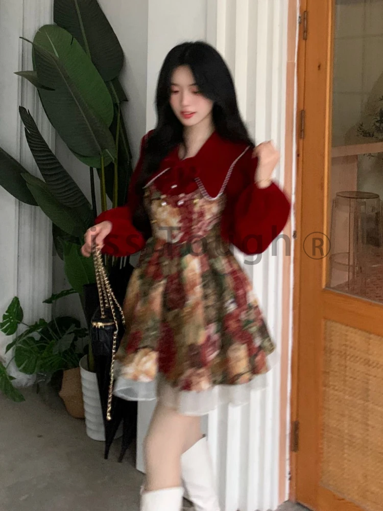 Fairy Sweet 2 Piece Dress Set Woman New Red Bow Tops + Printing Floral Dress Female Korean Fashion Y2k Elegant Party Suit 2024