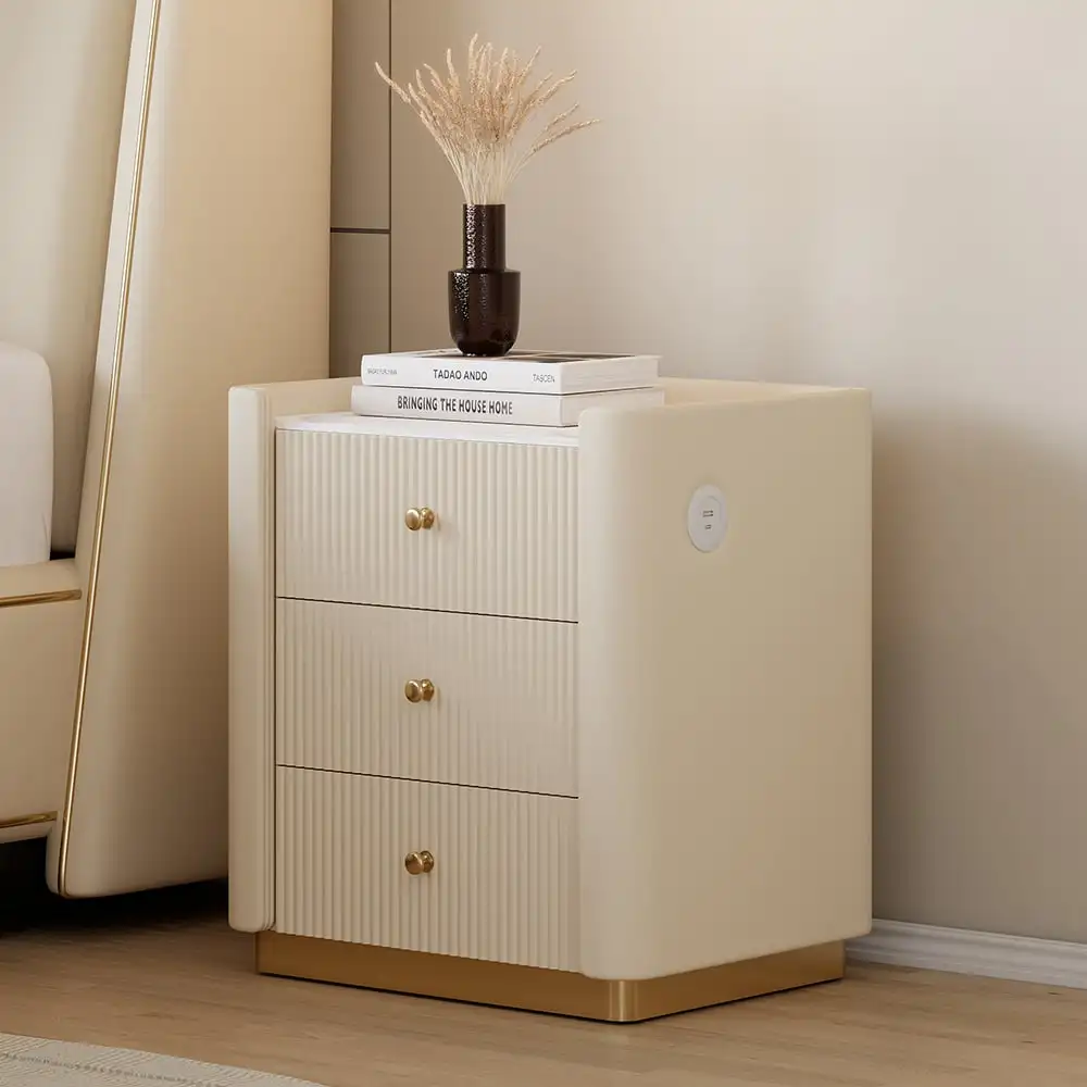 Luxury 3 Fluted Drawers Nightstand Sintered Stone Top Fluted Faux Leather Wooden Bedside Table With Built-in USB Charge