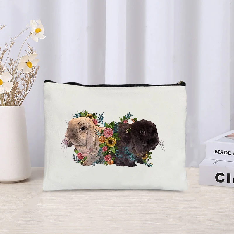 Bunny Art Print Makeup Bag Rabbit Lover Cosmetic Case Rabbit Owner Mom Dad Animals Toiletry Pouch Rabbit Mom Dad with Flowers