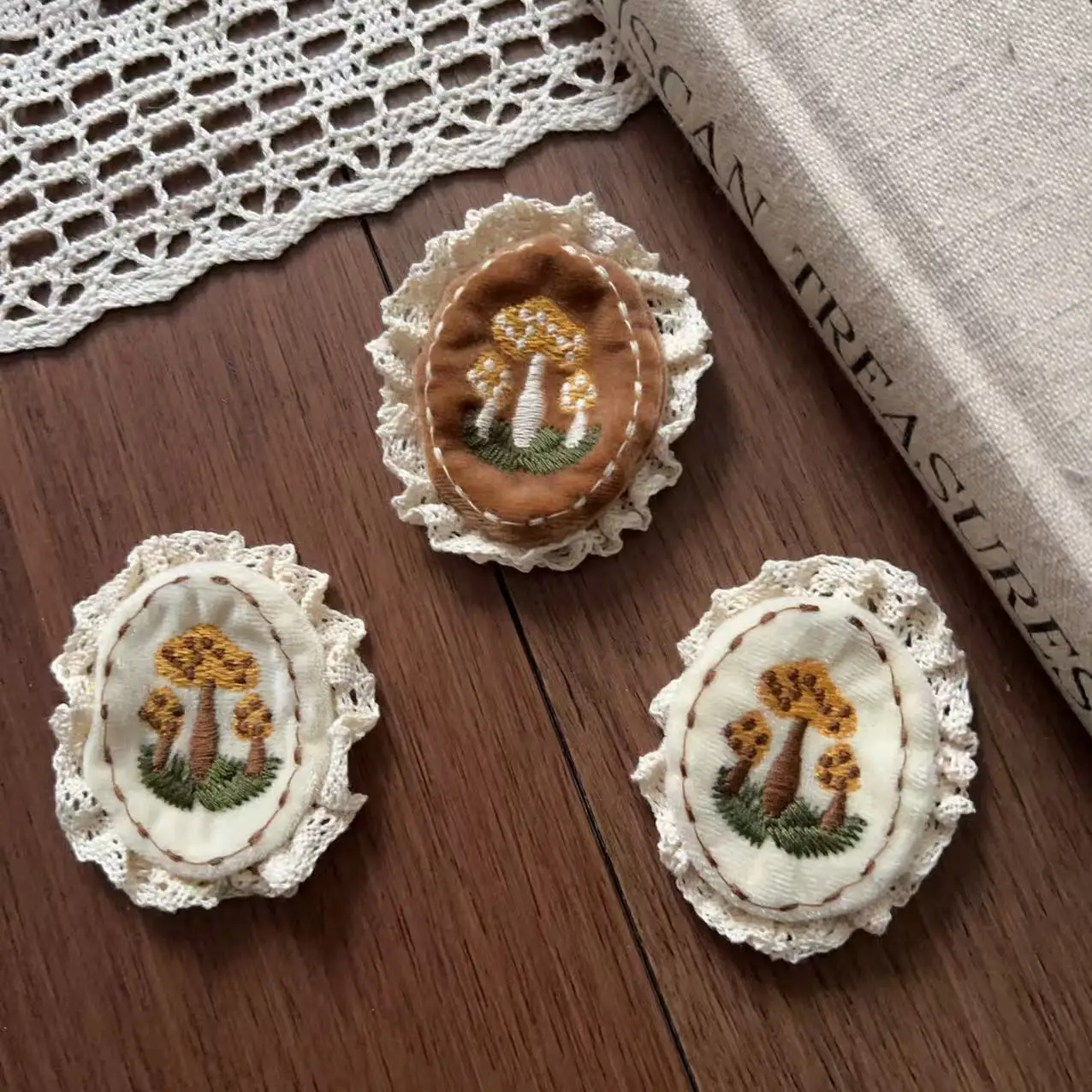 Oval Lace Embroidered Mushroom Rabbit Floral Hair Clip Tulle Edge Fabric Patch DIY Apparel Embellishment Soft
