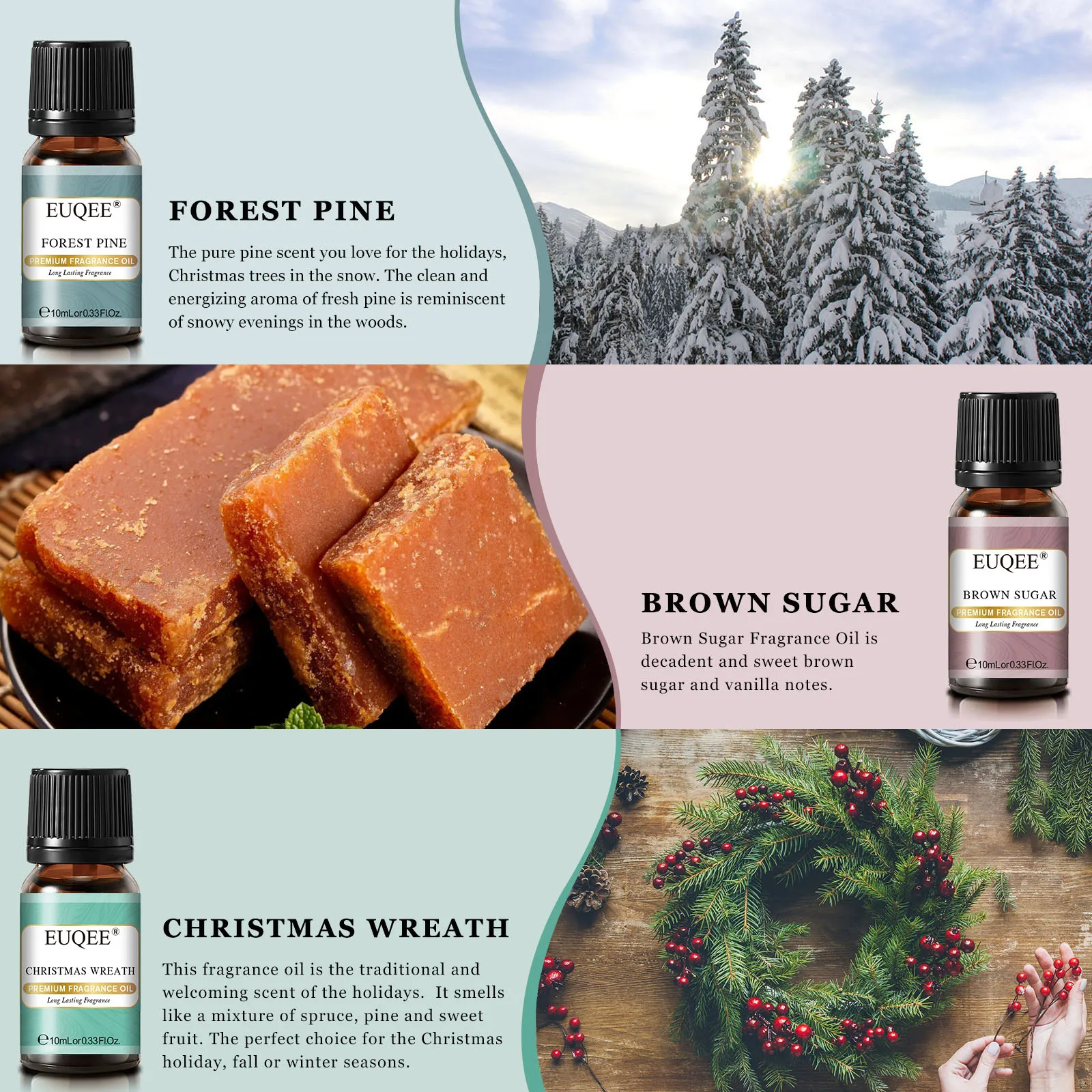 EUQEE 6PCS Fragrance Oils Gift Set  - 10ML Forest Pine, Christmas Wreath, Brown Sugar, Harvest Spice, Gingerbread, Pumpkin Pie