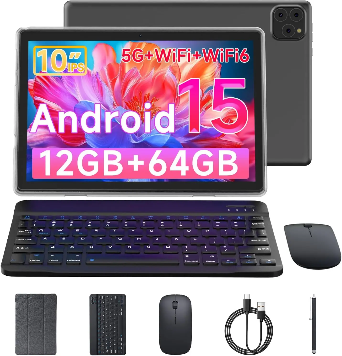 

10 Inch Android 15 Tablet, 12GB RAM+64GB ROM, 1TB Expandable, HD Touch Screen, WiFi6, Keyboard Mouse Stylus Included