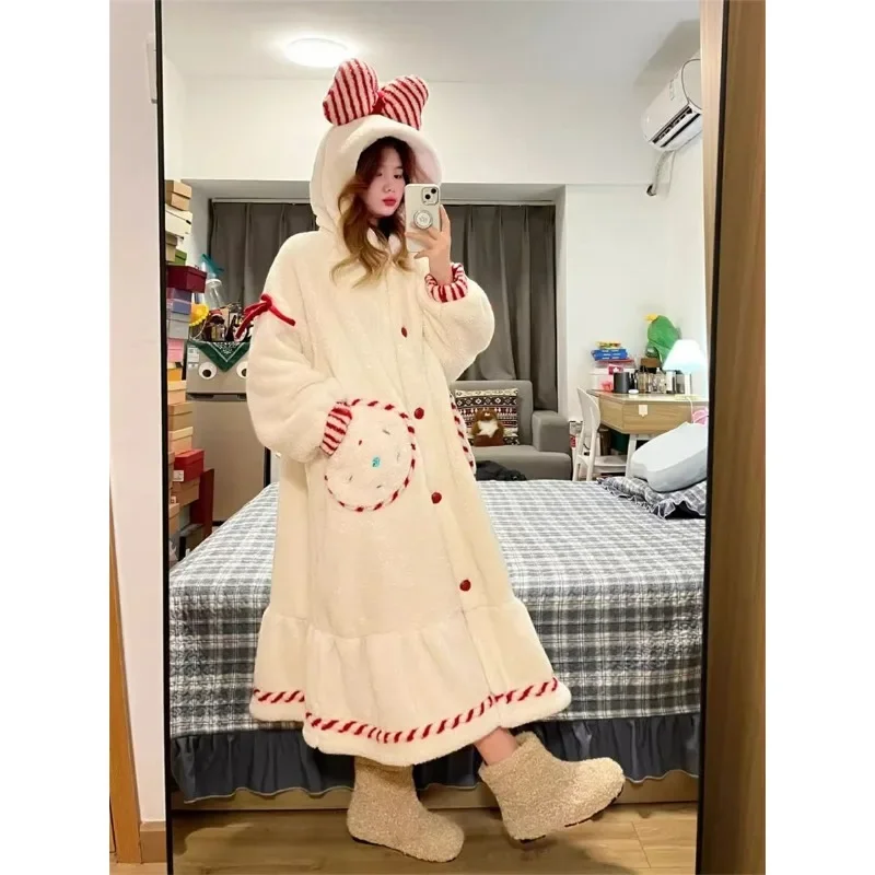 Coral Fleece Pajamas Female Wintertime Thickening Type Warm Hooded Night Gown Loungewear Warmth Online Celebrity Sweet Princess