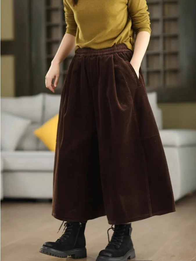 Calças de Veludo de Aodão Retro de Perna Larga, Estilo Artístico Casual para Outono e Inverno, Calças Slimming com tras ...