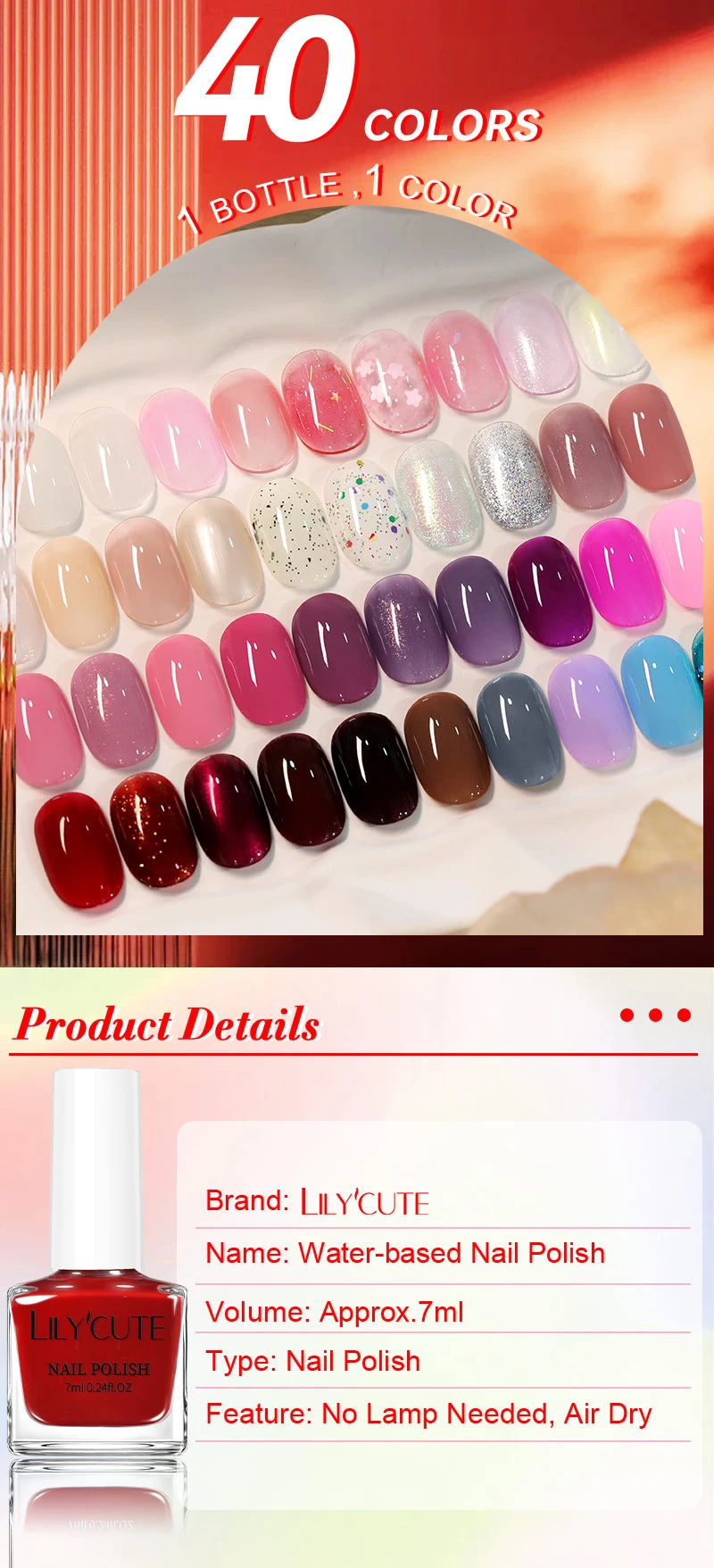 LILYCUTE 7ml Water Based Nail Polish 40 Colors Long Lasting Quick Drying No Need of Lamp to Cure Nail Supplies For Nail Manicure