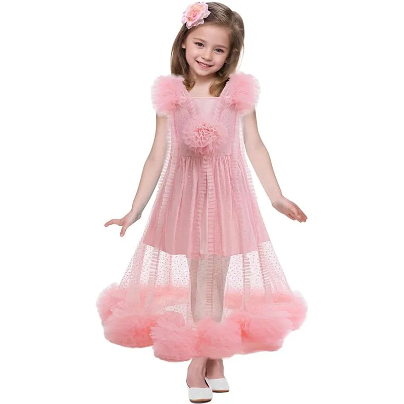 Girls Party Dresses Kids Puffy Pink Lovely Flower Tulle Princess Dress Girls First Communion Carnival Birthday Party Ball Gown