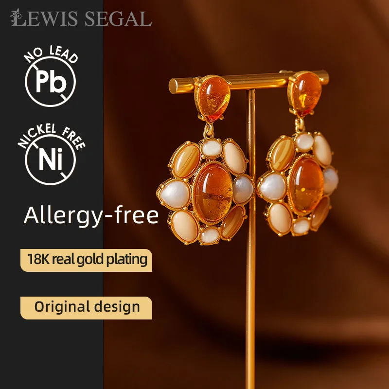 LEWIS SEGAL Retro Citrine Gemstone Dangle Earrings for Women Medieval Personalize Style Luxury Fine Jewelry 18K Gold Casual