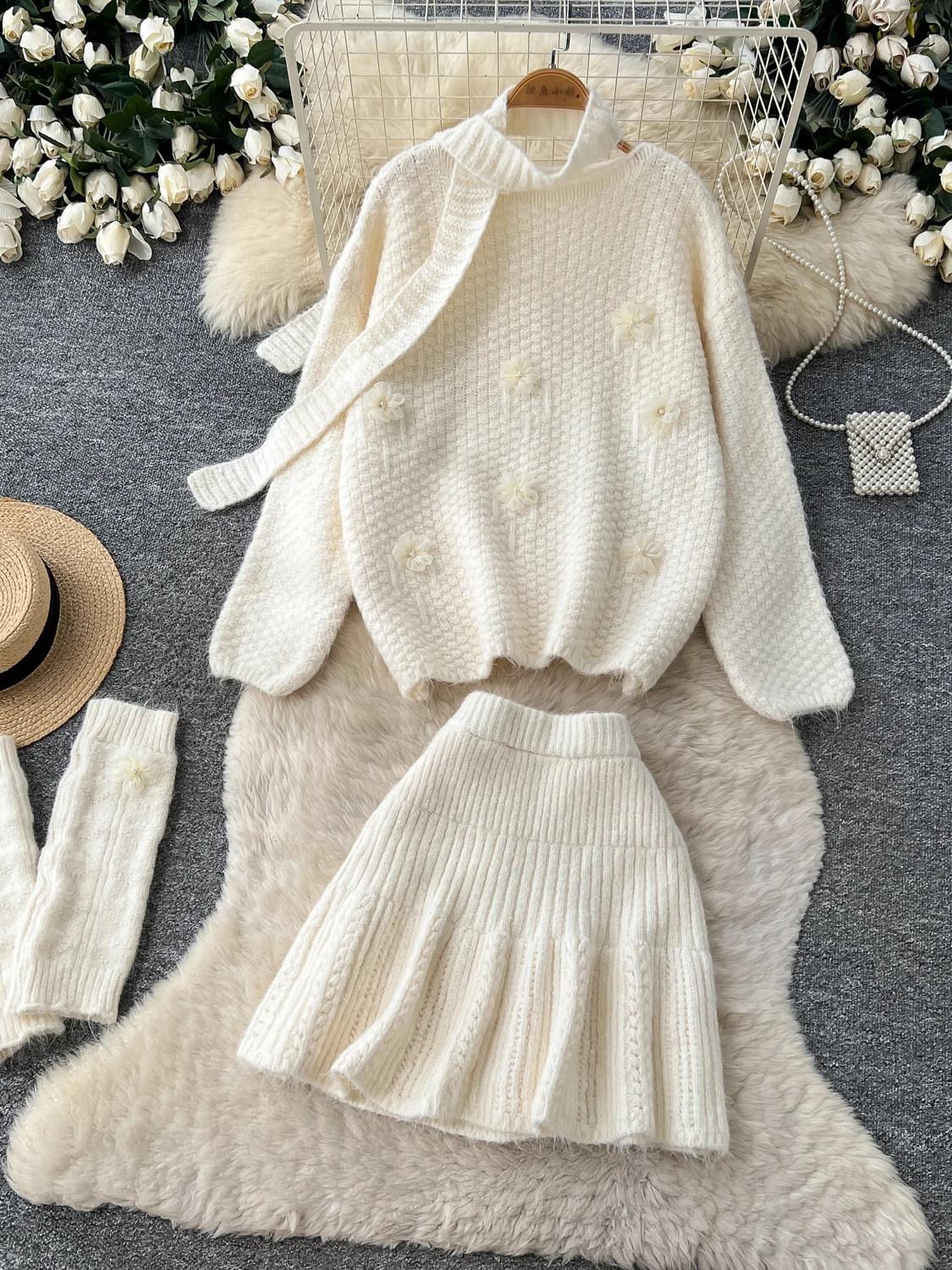 High Waist Knitted Top And Skirt Set with Sleeve Covers Women's Fashion Autumn Outfit Gentle Lazy Design Sense Four Piece Set