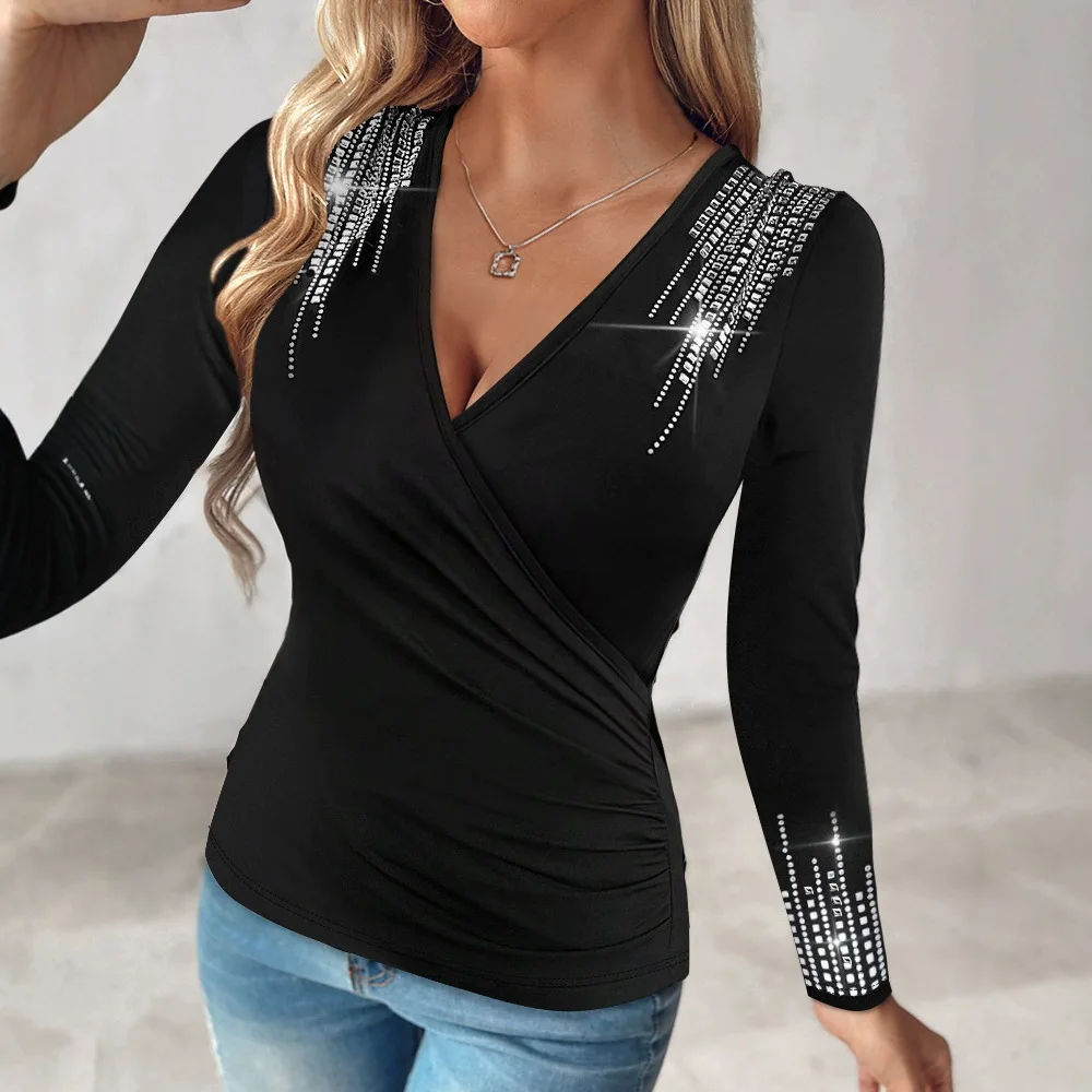 

Rhinestone Decor Ruched V-Neck Y2k Top Women Tops Sexy V Neck Bat Sleeve Tight Waist Elegant Casual Autumn Winter Streetwear