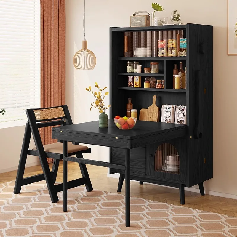 

Foldable dining table integrated dining side cabinet solid wood retractable household small apartment robot multi-function