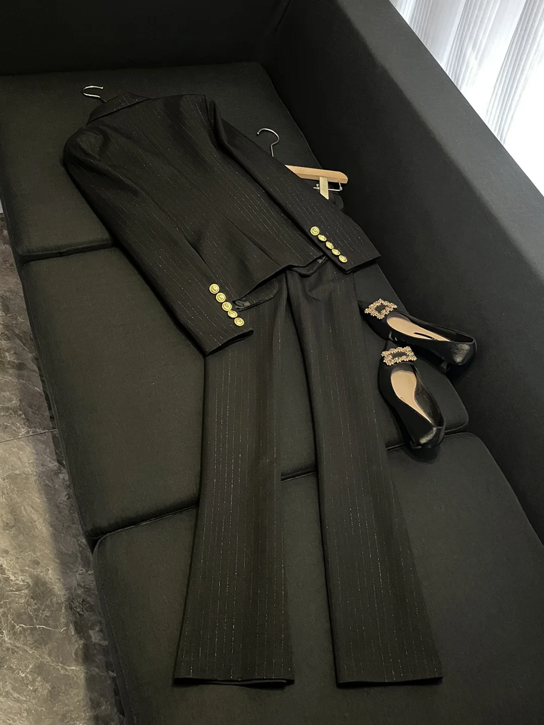 Setelan Jas Profesional Bergaris untuk Wanita Musim Gugur Musim Dingin Slim Fit Dua Potong Pakaian Wawancara Pelajar Pembawa Acara Pakaian Kerja Korporat