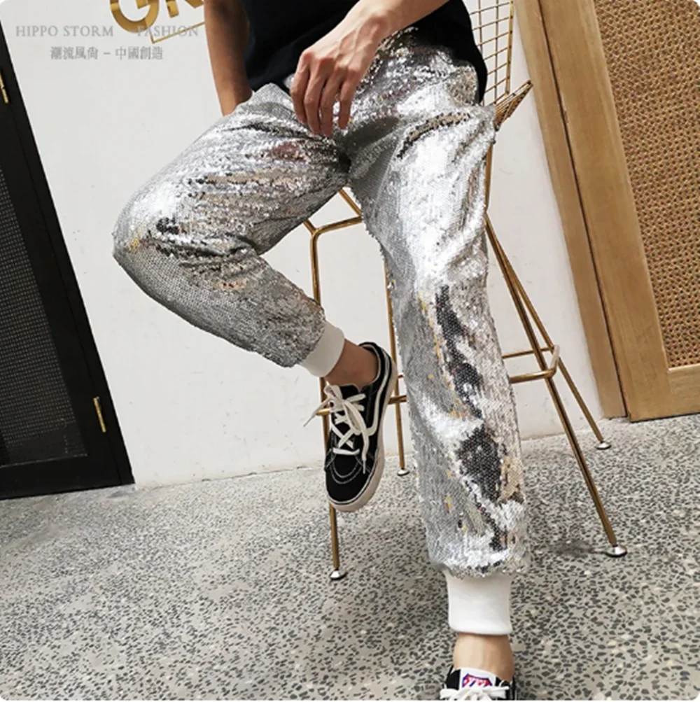

Male Silver Black Sequins Harem Pants Hip Hop Dancewear Street Dance Performance Costume Nightclub Gogo Dance Clothing