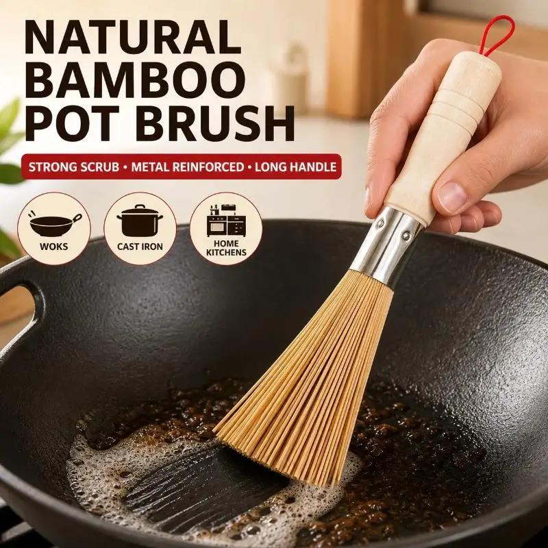 1/3Pcs Natural Bamboo Pot Brush Wok Scrubber Long Handle Heavy Duty For Cast Iron Cookware Kitchen Use