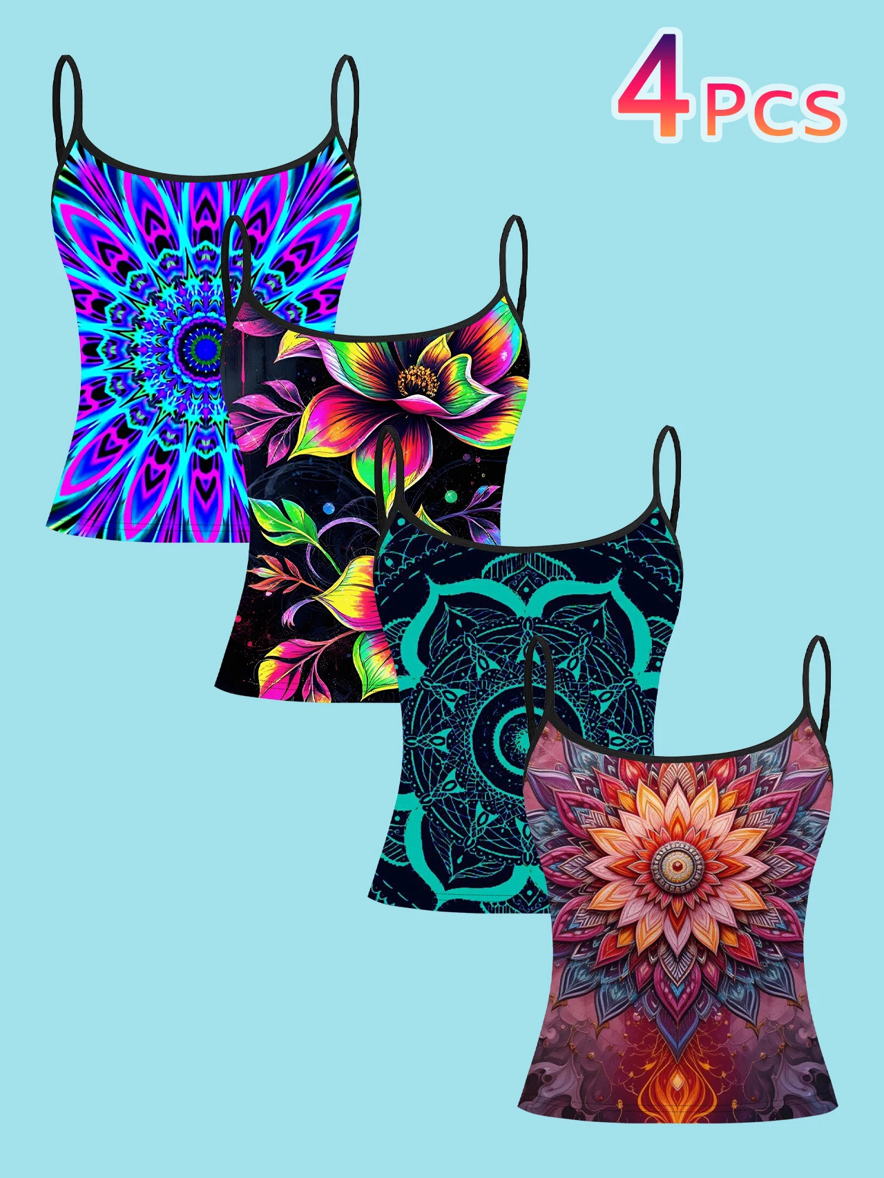 4-Piece Set of Mandala Kaleidoscope Women's Camisoles, Colorful Lotus Ethnic Religious Pattern Print Slim-Fit Spaghetti Strap Short Camisole Tops